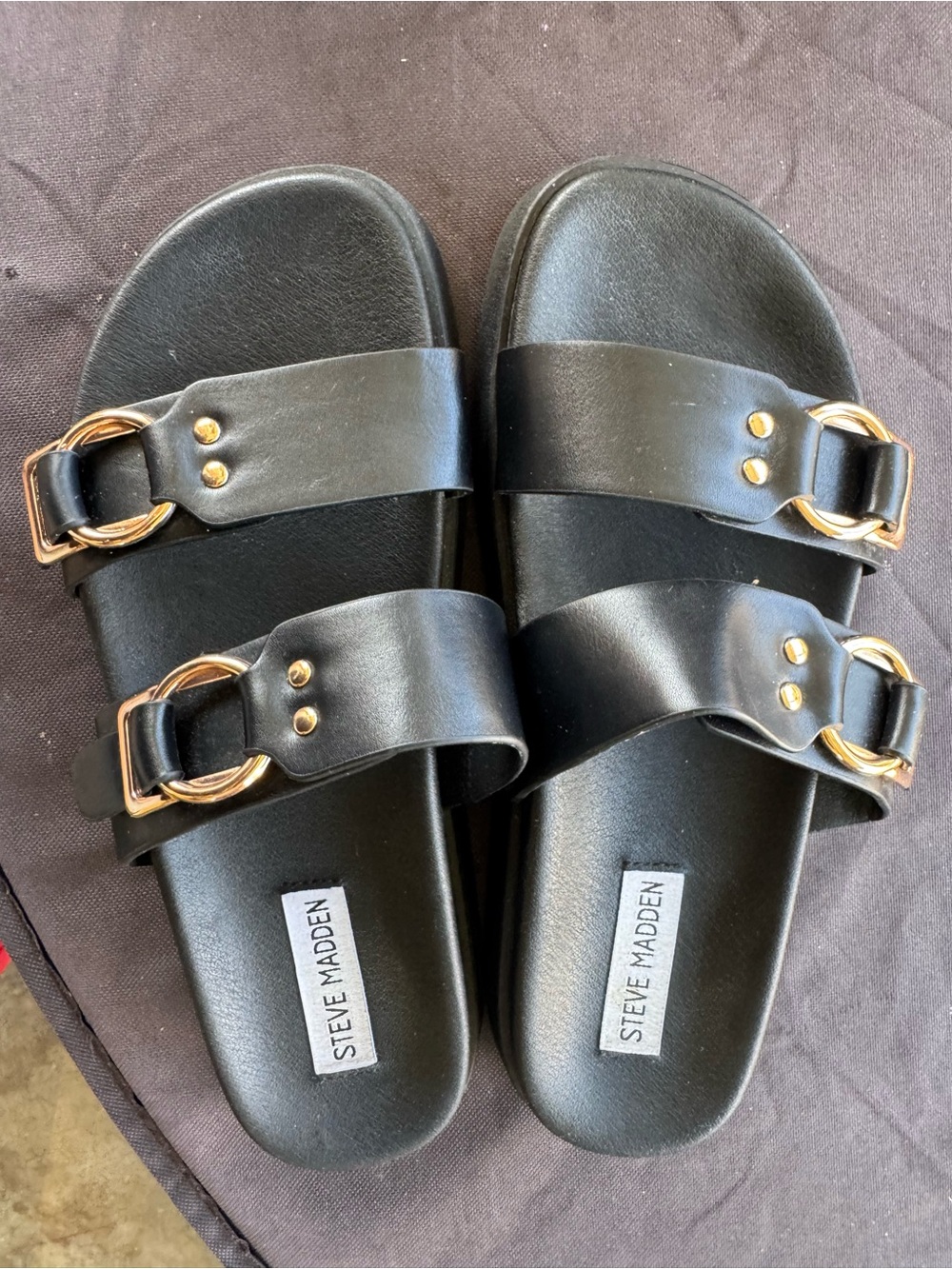 Steve Madden Black Double-Strap Slide Sandals with Gold Rings